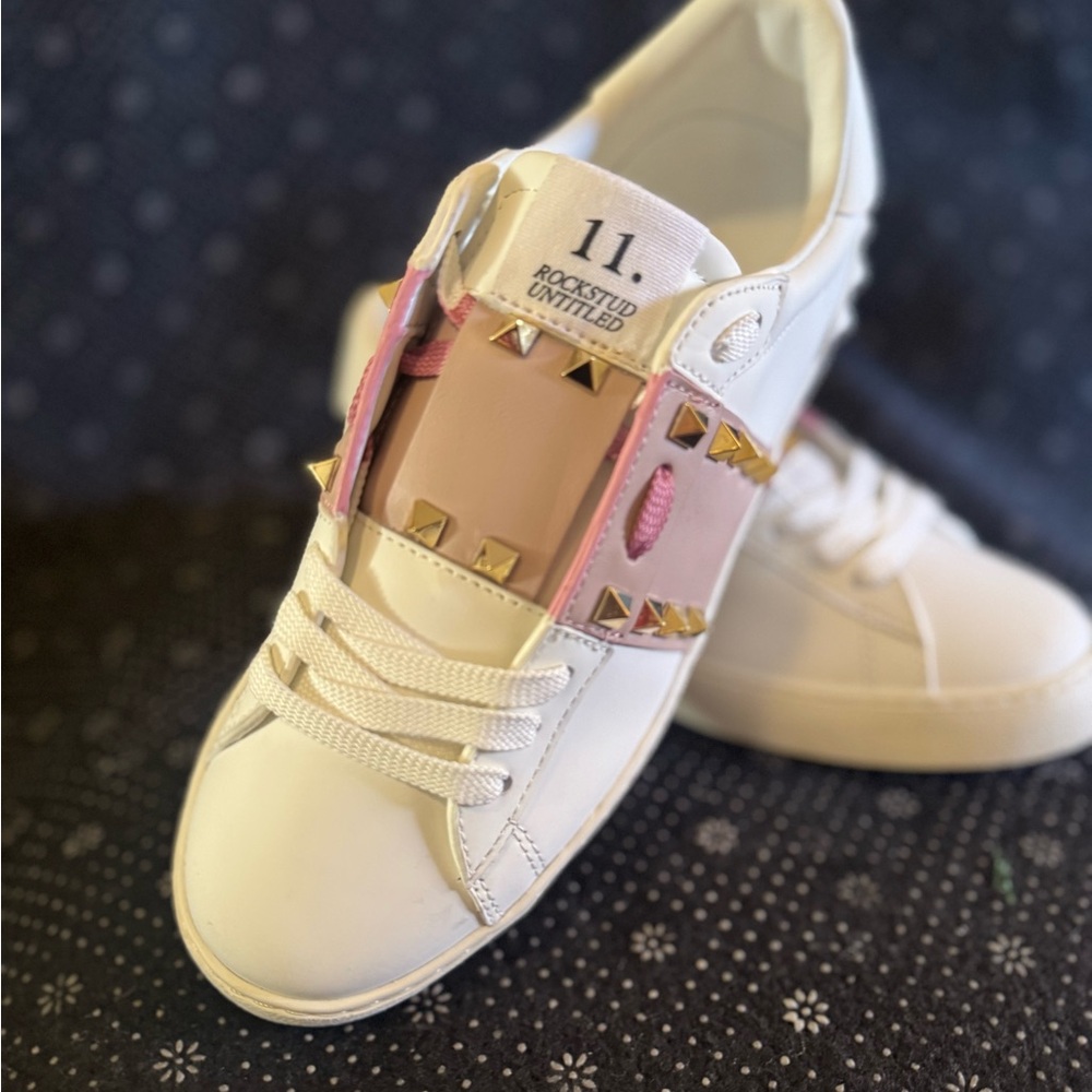 Valentino Women's Sneakers in White and Pink with Gold Accents - Picture 3 of 5